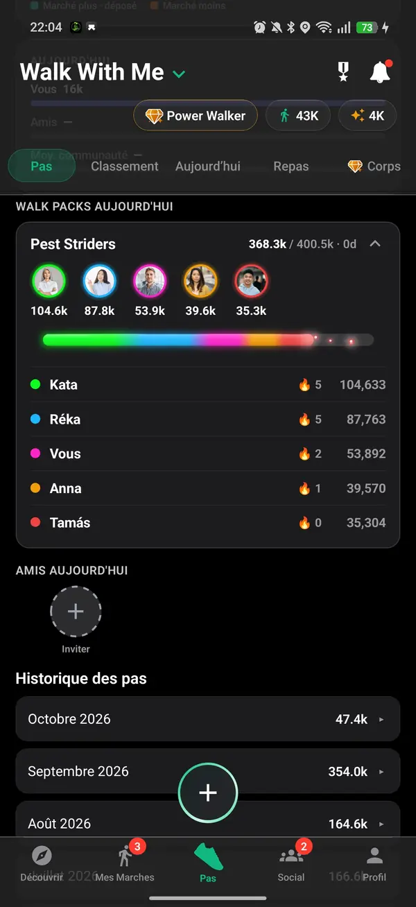 Historique des pas et du classement sur le profil