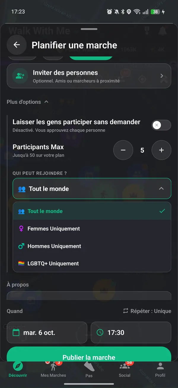 Configuration d'une marche par l'hôte avec l'option Femmes uniquement