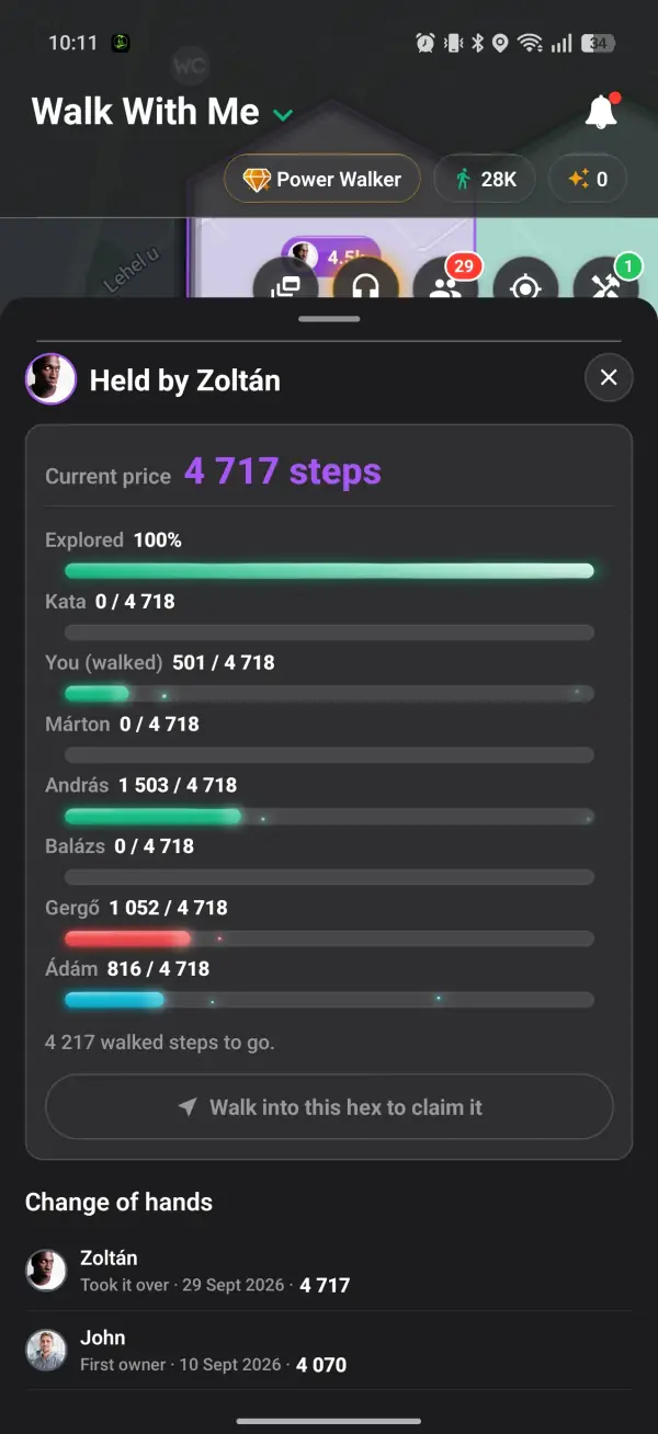 Each walker's banked steps on one hexagon