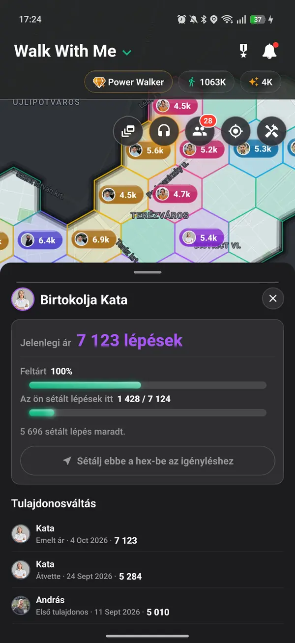 Egy elfoglalt hatszög az árával és minden sétáló összegyűjtött lépéseivel
