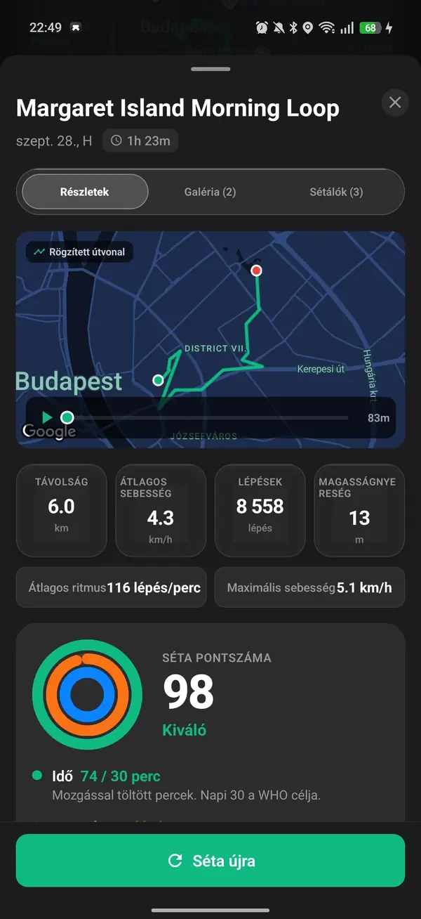 A Walk With Me élő nyomkövetője, amely mutatja a tempót, a távolságot és a kalóriákat