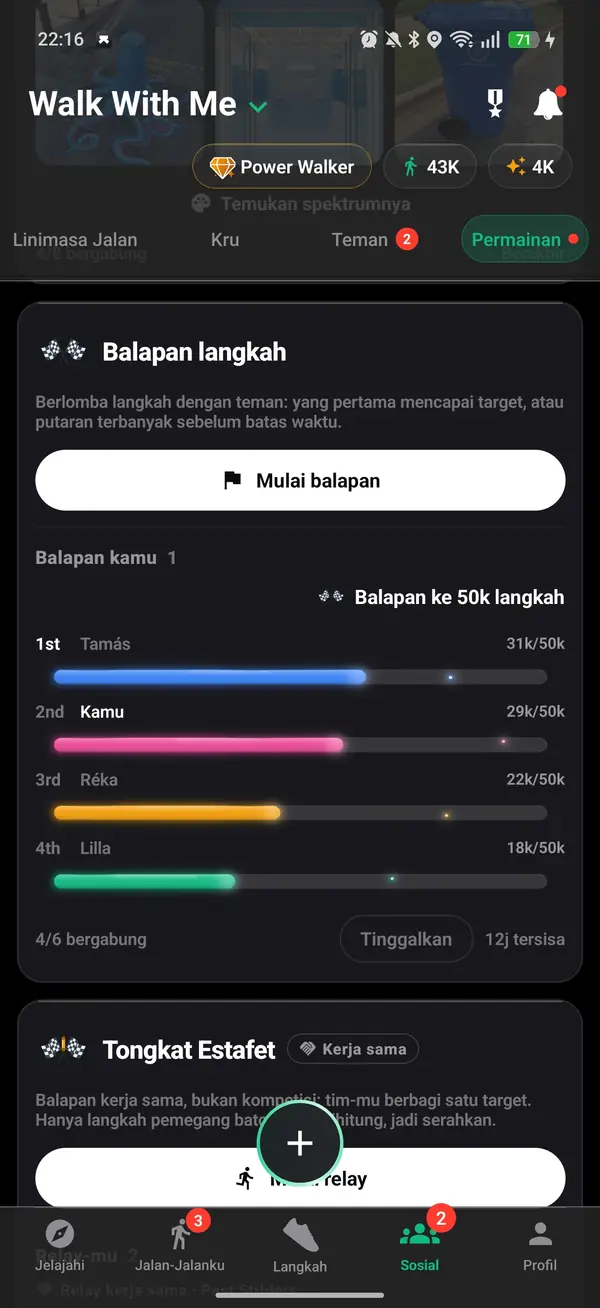Perlombaan ke 50.000 langkah antar teman, dengan kamu di tempat kedua