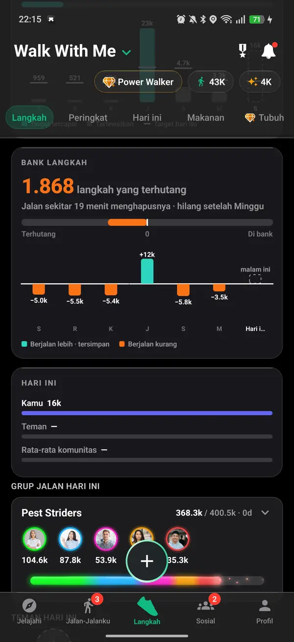 Riwayat langkah dengan total harian dan mingguan
