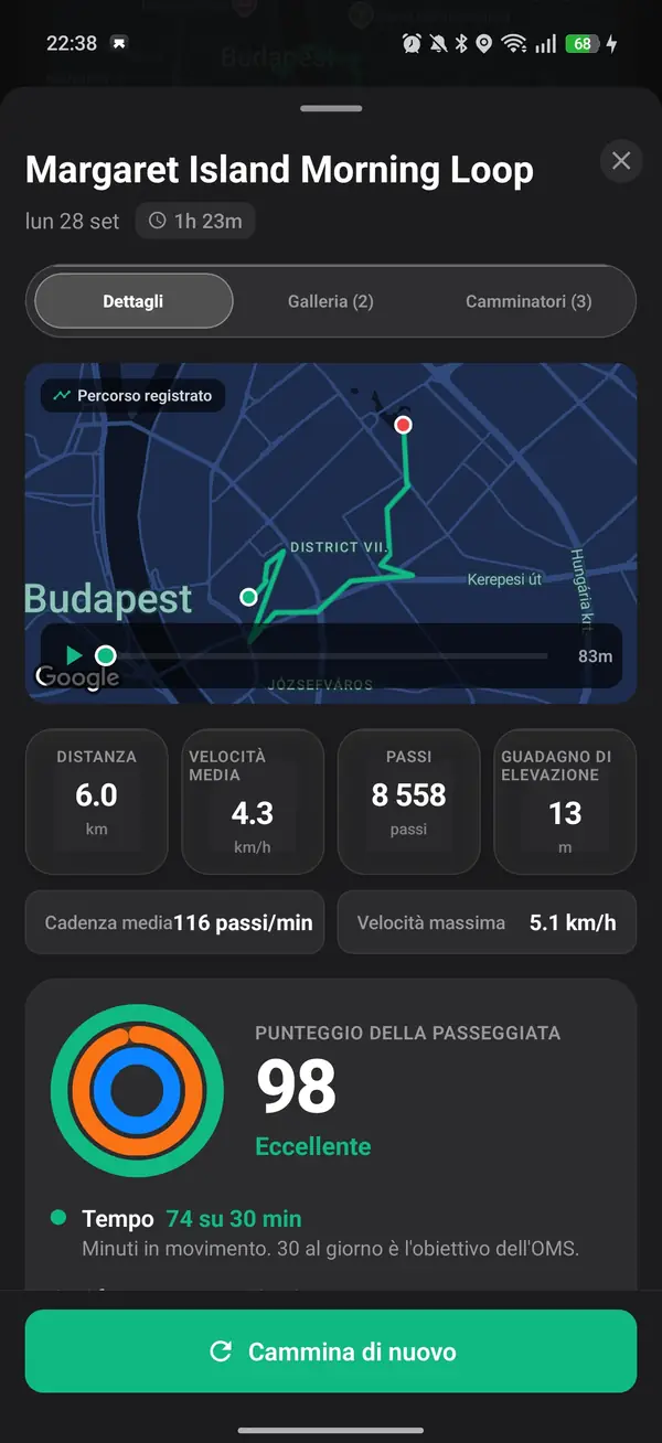 Il tracker in tempo reale di Walk With Me che mostra andatura, distanza e calorie