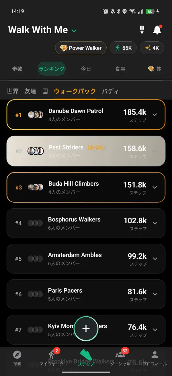 ランキングを養うウォーク・パック共有ステップ目標
