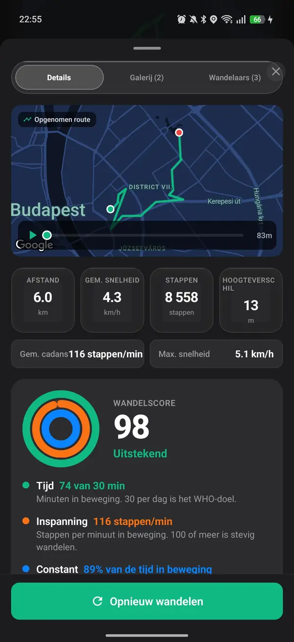 Walk With Me live tracker met weergave van tempo, afstand en calorieën