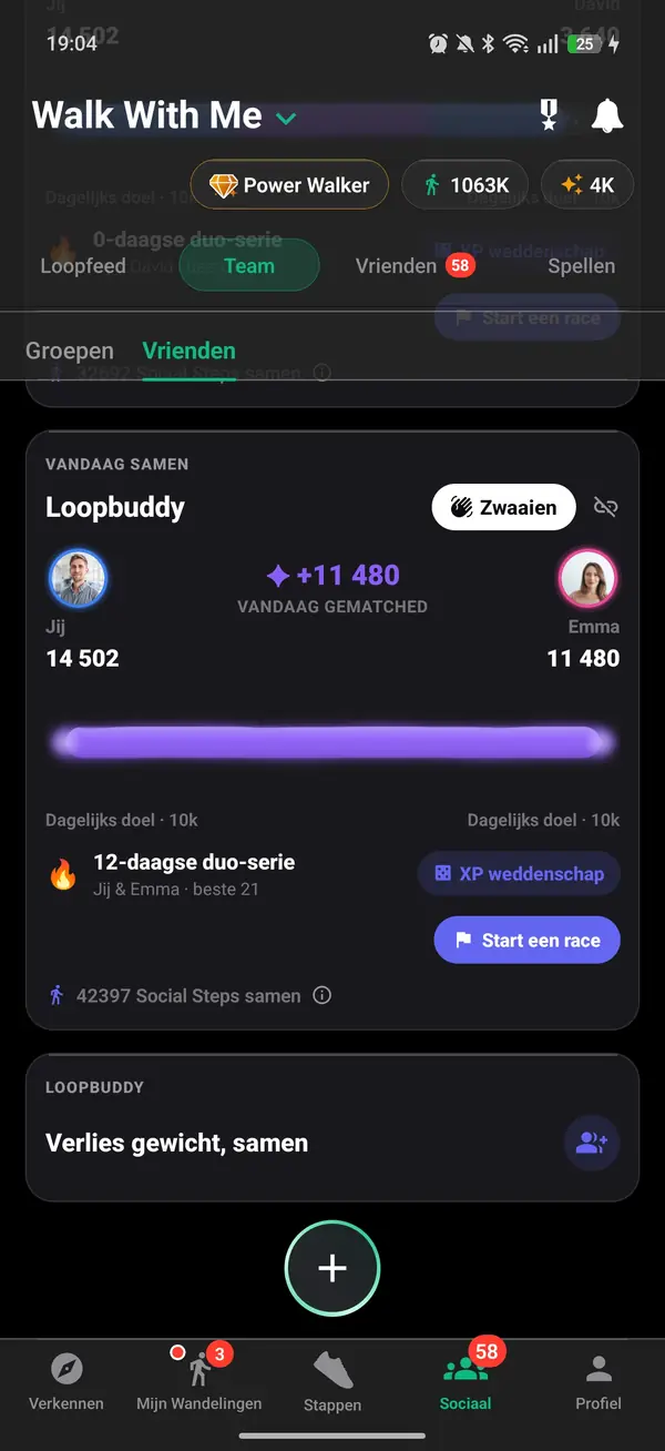 Twee wandelbuddy's die een streak en een zevendaagse stappenrace delen