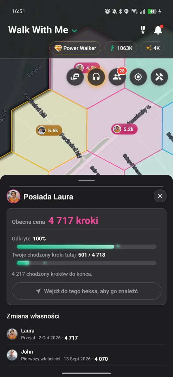 Posiadany heks z jego ceną i odłożonymi krokami wszystkich spacerowiczów