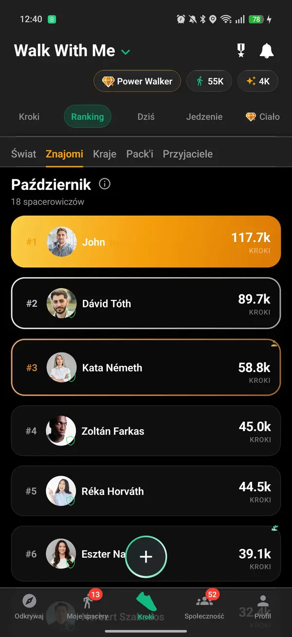 Widok Znajomych w rankingu kroków