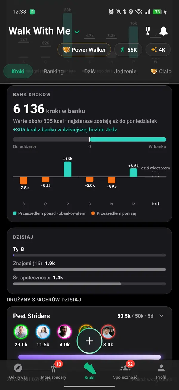 Bank kroków pokazujący należne kroki i dni, które je spłaciły