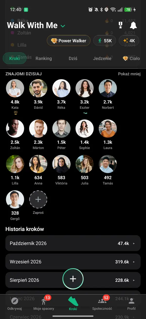 Historia kroków i miejsc w rankingu na profilu