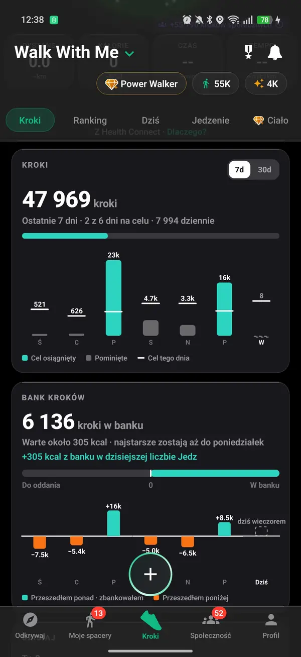 Statystyki kroków Walk With Me z tygodniowymi sumami, średnią i serią