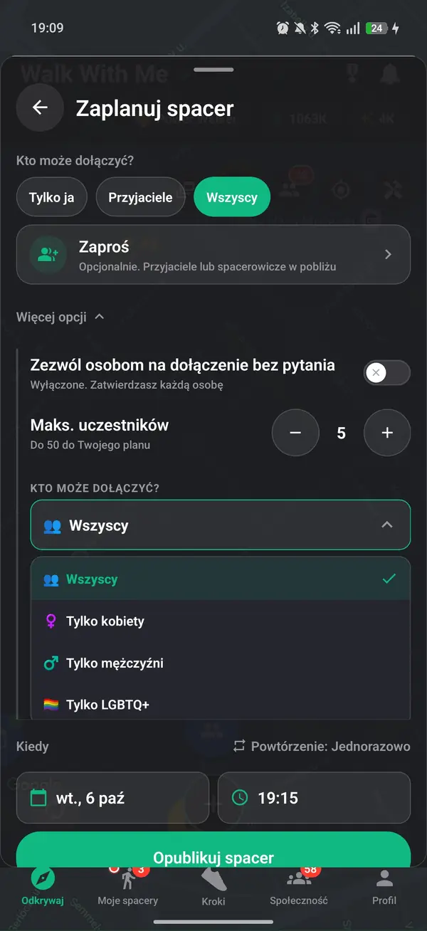 Ustawianie spaceru jako gospodarz i wybieranie opcji Tylko dla kobiet