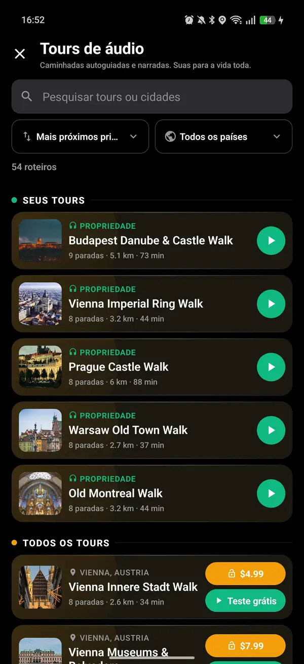 Toque nos fones dourados e escolha um tour