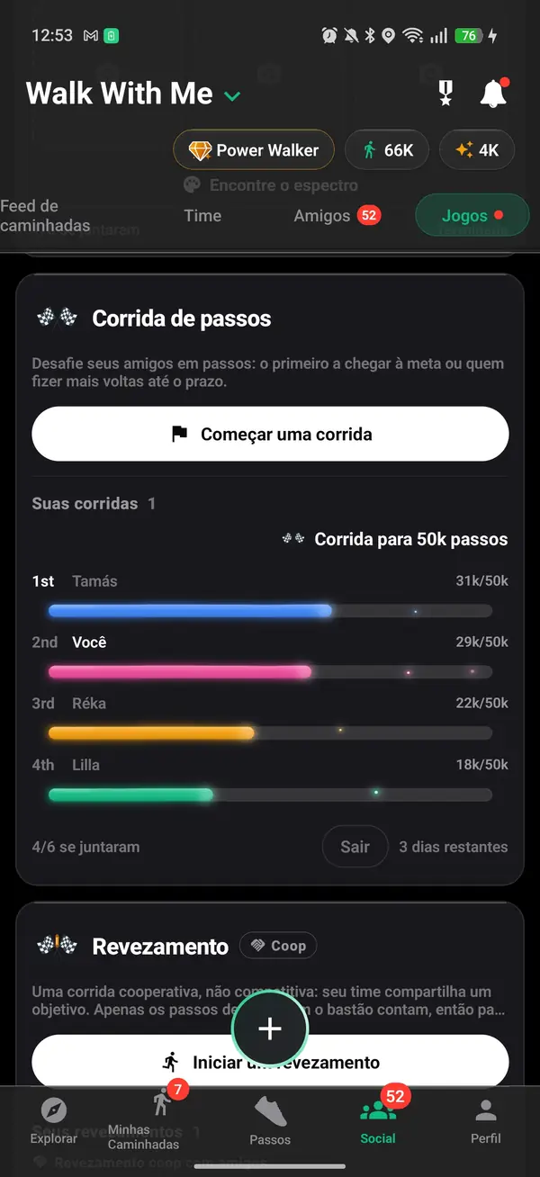 Uma corrida para 50.000 passos entre amigos, com você em segundo lugar