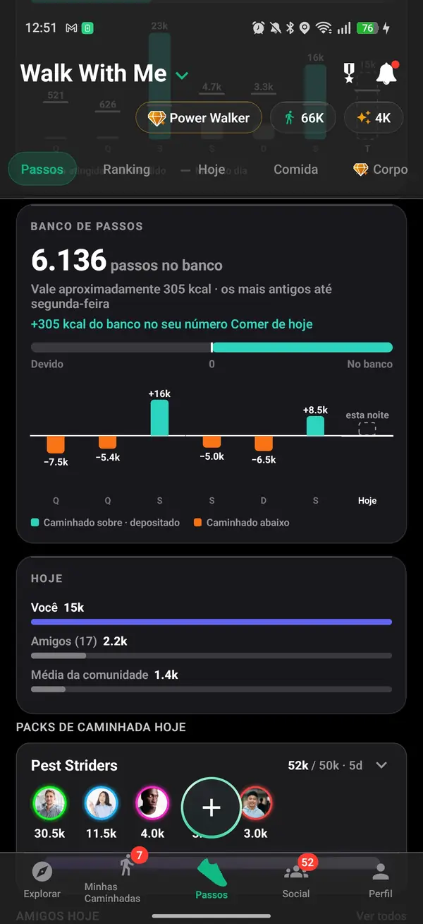 Histórico de pasos com totais diários e semanais