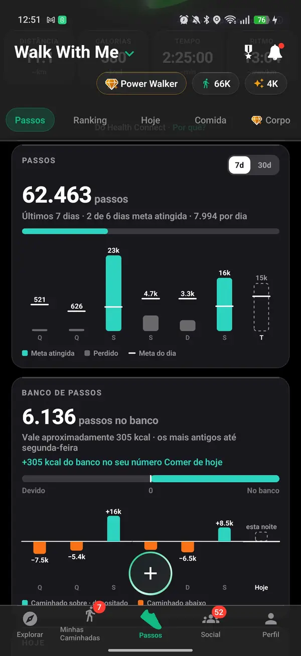 Estatísticas de passos do Walk With Me com totais semanais, média e sequência