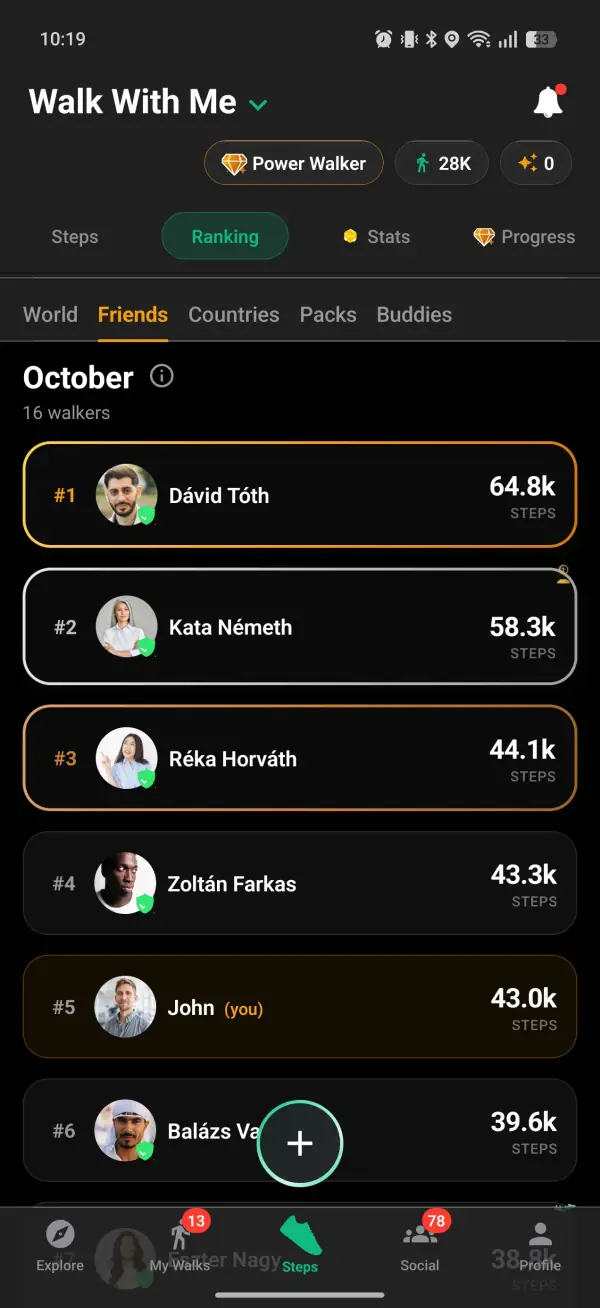 Friends view of the step rankings