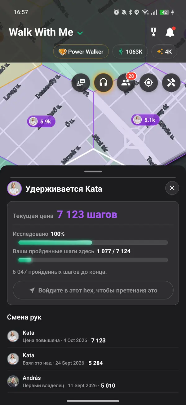 Гексагон в собственности с его ценой и накопленными шагами каждого ходока