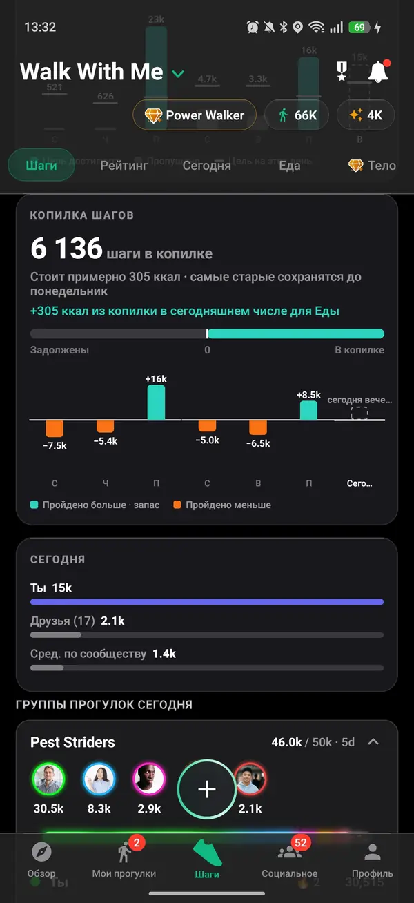 История шагов с дневными и еженедельными суммами