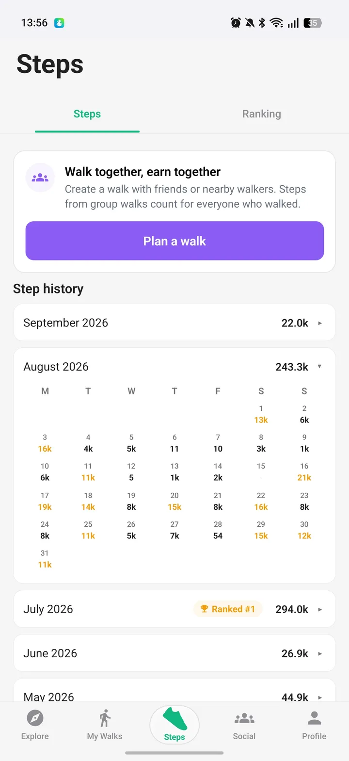 Step history showing a steady streak
