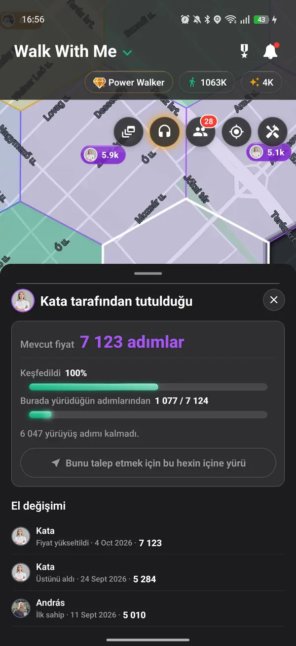 Fiyatıyla ve her yürüyüşçünün biriktirdiği adımlarla tutulan bir hex