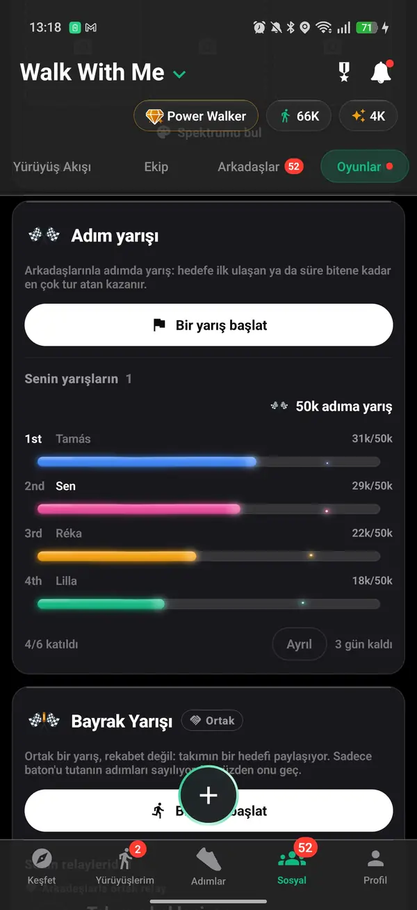 Arkadaşlarınız arasında 50.000 adım yarışı, siz ikinci sıradasınız