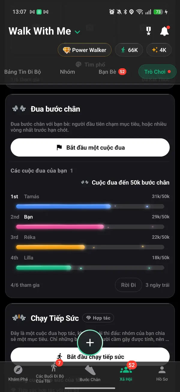 Một cuộc đua đến 50.000 bước giữa bạn bè, với bạn ở vị trí thứ hai