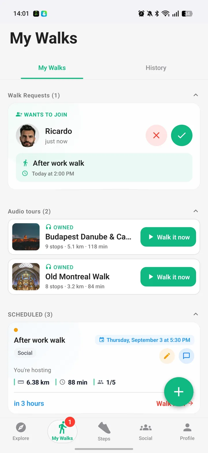 Walk requests and invitations at the top of My Walks